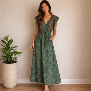 Boemo Anthropologie Green Paisley Maxi Dress w/Side Slits, Deep V-Neck